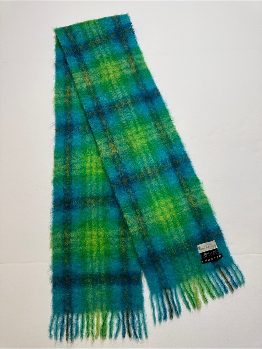 Vintage Marshall Field & Co 100% Mohair Blue Green Plaid Scarf 6 Footer Winter